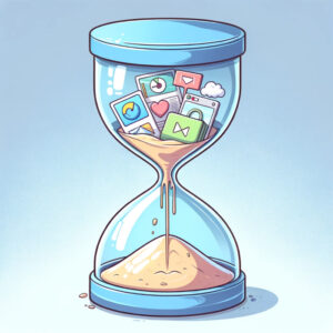 A cartoon hourglass filled with social media icons, showcasing the latest tips and strategies for mastering social media marketing in 2023.