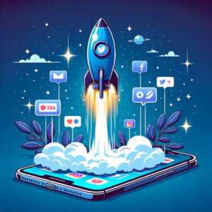 A rocket is flying out of a phone with social icons on it, revealing the secrets to pick your ideal social media agency.