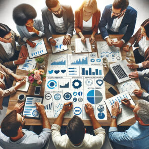 A group of people sitting around a table discussing graphs while uncovering the secrets to pick your ideal social media agency.