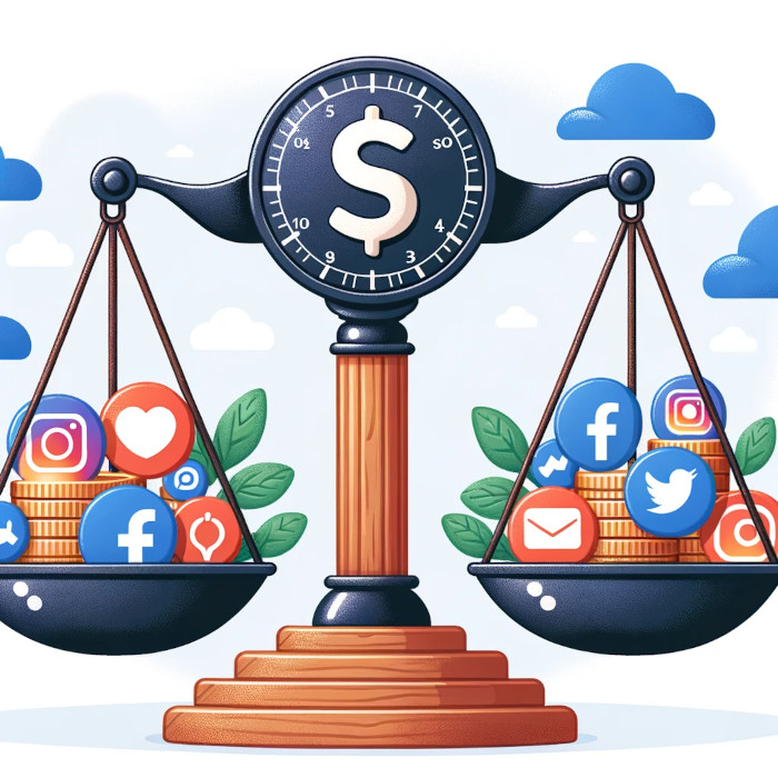 Unlocking the Secrets to Pick Your Ideal Social Media Agency with a scale featuring social media icons and a dollar sign.