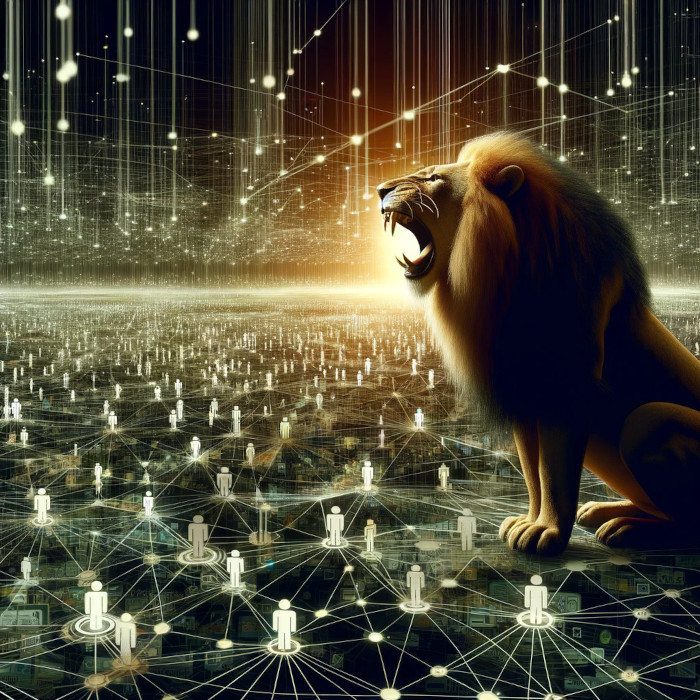 An image of a lion amidst a network of people, capturing the essence of a competitive landscape.