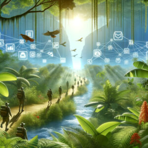 An image of people walking through a jungle with competitive social network icons.