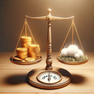 A scale representing the competitive landscape of organic SEO with coins and a cloud on it.