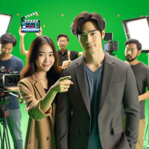 A group of people posing in front of a green screen while creating visual content for a video with the power to captivate.