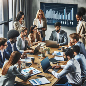 A group of business people sitting around a table in a conference room discussing PPC and SEO strategies to improve ROI.