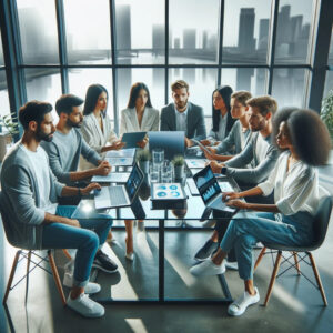 A group of people maximizing their ROI by sitting around a table with laptops.