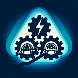 Two turtles and gears displayed in a vibrant visual content on a blue background.
