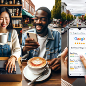 A group of people are using their phones at a coffee shop showing the importance of local SEO in Oregon.