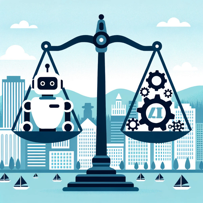 An illustration of a robot on a scale with a city in the background, showcasing AI & Automation's impact on Oregon's Digital Marketing.