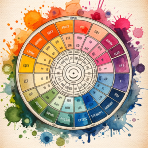 A watercolor wheel with splatters on it, exploring the psychology of color in branding and its influence on consumer behavior.