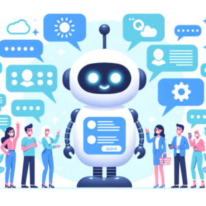 A group of people with a robot exploring the future of AI in digital marketing strategies.