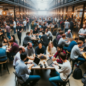 A large group of people working at tables with laptops.