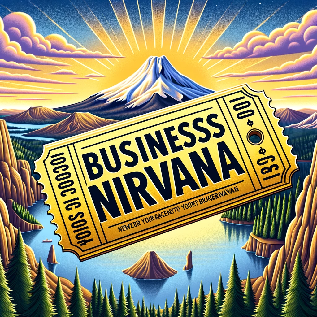 Business nirvana logo with mountains, trees, and success.