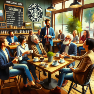 A group of people sitting around a table in a coffee shop discussing digital marketing strategies.