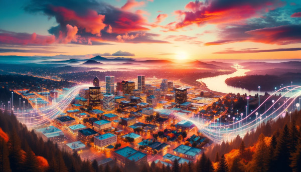 An image of a city with a network of lines in the sky, depicting the future expectations for digital marketing trends in Oregon over the next decade.