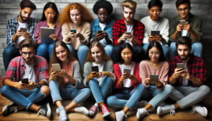 A group of people sitting on the floor and using their cell phones while discussing the future expectations of digital marketing trends in Oregon for the next decade.