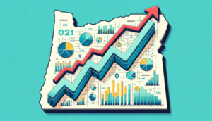 An illustration of the state of Oregon with graphs and arrows showcasing digital marketing trends and next decade expectations.