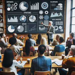 A group of people sitting at a table in front of a blackboard with graphs on it, discussing digital marketing strategies.