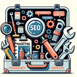 An illustration of SEO tools in a briefcase: Your Guide.