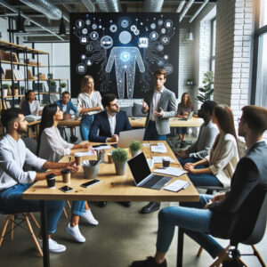 A group of people discussing AI and automation's impact on Oregon's digital marketing while sitting around a table in an office.