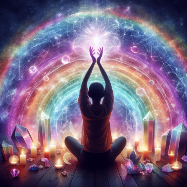 A woman harnessing the full spectrum of mindfulness and spirituality while meditating in front of a rainbow and crystals.