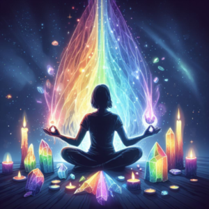 A woman is sitting in a lotus position in front of a rainbow to harness the full spectrum.