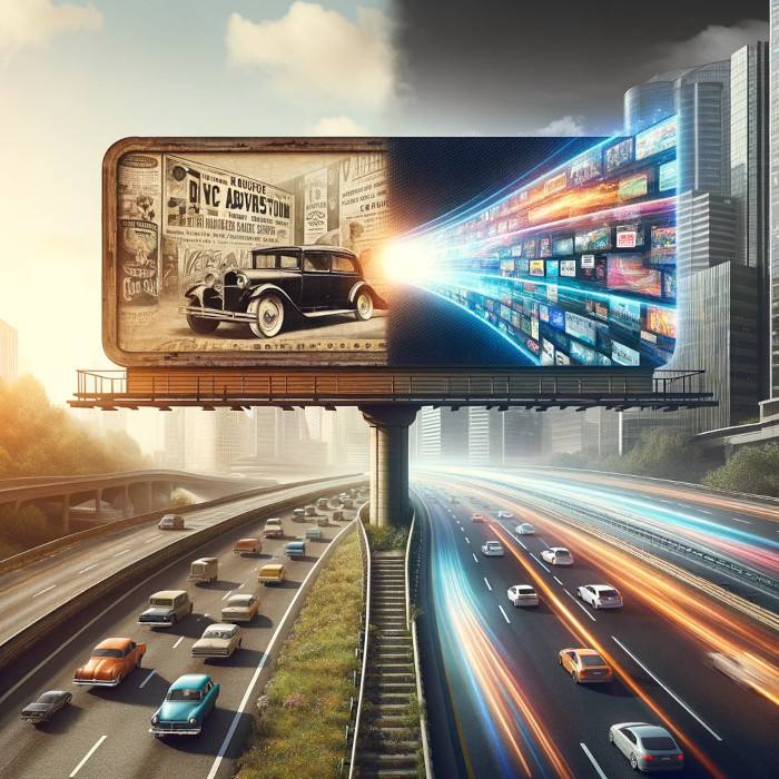 A billboard showcasing the evolution of marketing agencies in the digital age, featuring a car driving down a highway.