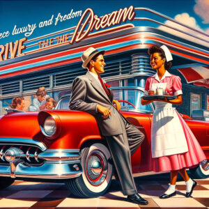 A man and a woman, representing the digital age, standing next to a red car.