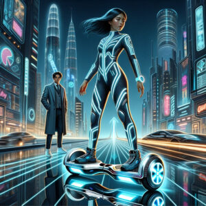 In the digital age, a woman effortlessly rides a hoverboard through a futuristic city, showcasing the evolution of transportation.