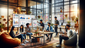 A group of people sitting around a table in a conference room, brainstorming strategies to boost sales for their digital marketing agency.