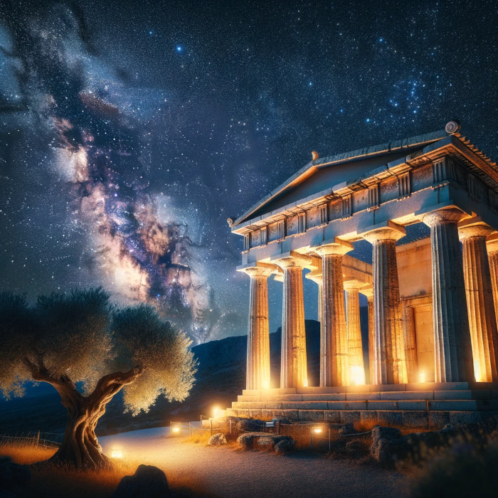A mesmerizing Greek temple illuminating under the enchanting night sky, enhancing the efforts of an elite digital marketing agency to boost sales.