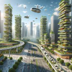 A futuristic city with green buildings and flying planes, transformed by the expertise of an Elite Digital Marketing Agency to Boost Sales.