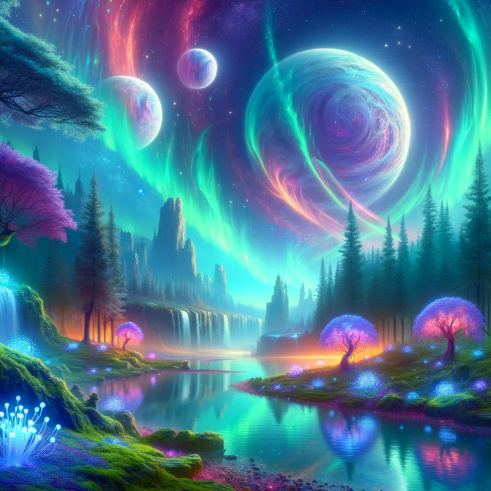 A painting of an aurora in a forest with trees and a river that Sets Us Apart.
