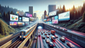 A train traveling down a highway with billboards on it, showcasing digital marketing services in the Portland Metro area.