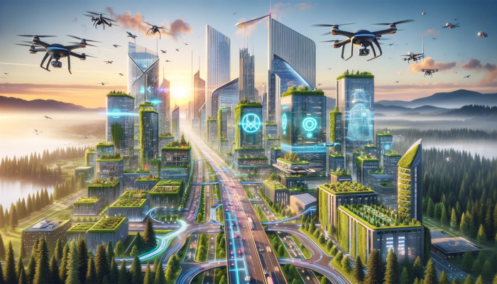 A futuristic city in Oregon with drones flying over it, offering innovative digital marketing services.