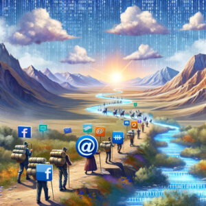 A painting of people walking down a path with social media icons, showcasing the intersection of choice and digital marketing services.