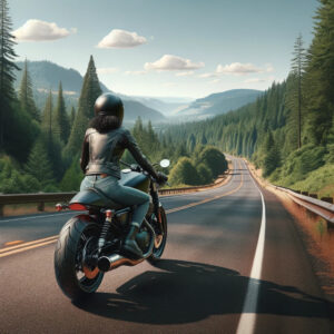 A woman riding a motorcycle on a road in the mountains, showcasing her choice for adventure in Oregon.