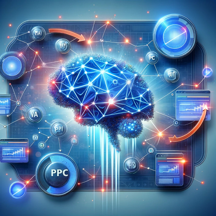 A futuristic image of a brain surrounded by advanced electronic devices, showcasing the adapting nature of 2024 and incorporating cutting-edge PPC strategies.