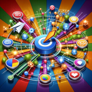 A colorful circle surrounded by various social media icons, reflecting the evolving marketing landscape and the incorporation of advanced PPC strategies.