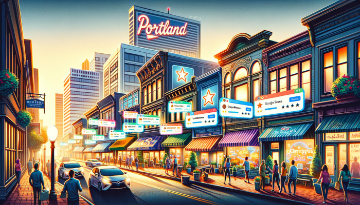 An illustration of a city street in Portland with people walking down the street.