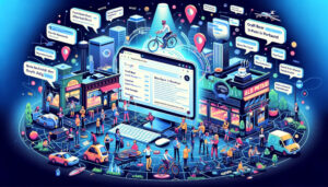 An illustration of a city with people and a computer, showcasing the power of local SEO in Portland.