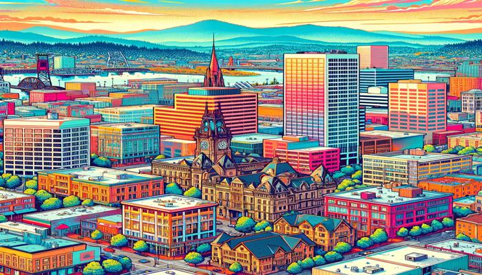 A game-changer illustration of the city of Portland, showcasing its colorful charm and capturing the essence of local Oregon companies.