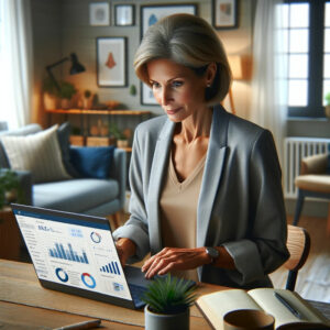 A woman empowered with digital marketing strategies sits at a table, analyzing graphs on her laptop, benefiting her small business.