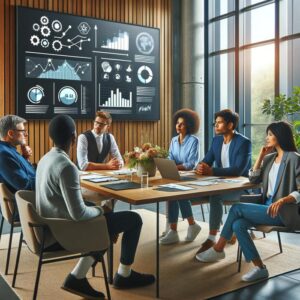 A group of small business owners empowering each other through digital marketing strategies while sitting around a table in an office.