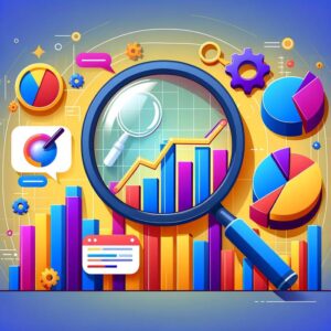 An illustration showcasing advertising strategies and maximizing ROI, featuring a magnifying glass and graphs.