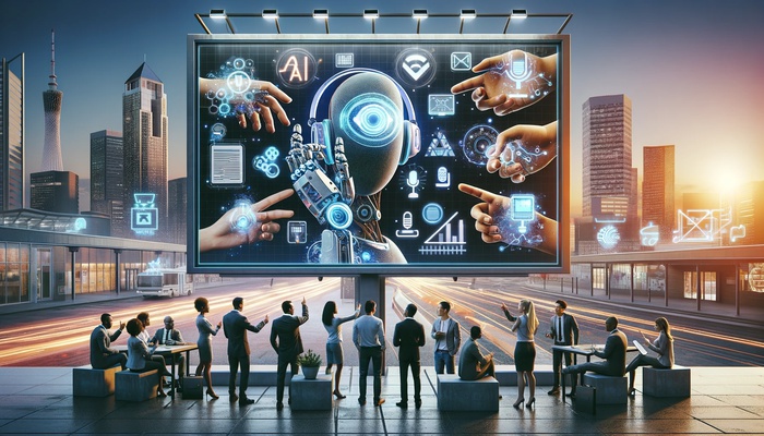 A group of people standing in front of a billboard advertising a robot created by one of the top Digital Marketing Agencies.