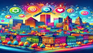 A vibrant illustration of a city with social icons that exudes brilliance and captures the essence of Portland's branding.