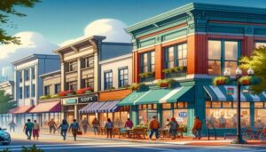 A vibrant painting of a city with people strolling down the street, capturing the essence of Hillsboro's lively business scene.