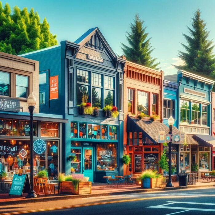 A bustling street scene in Hillsboro, where the art of branding is on full display with an array of shops and restaurants.