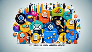 A comprehensive guide to digital marketing agencies, featuring a group of social media icons arranged in a circle.